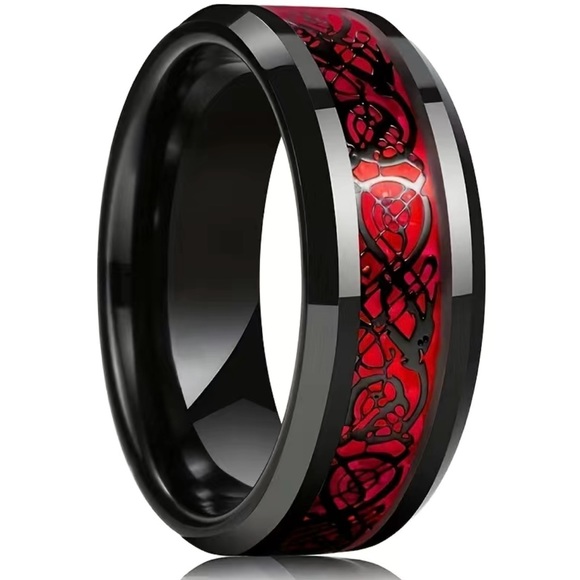 🌹New! Men’s Black Dragon Patterned Ring w Red Inlay Size 8 - Picture 1 of 6